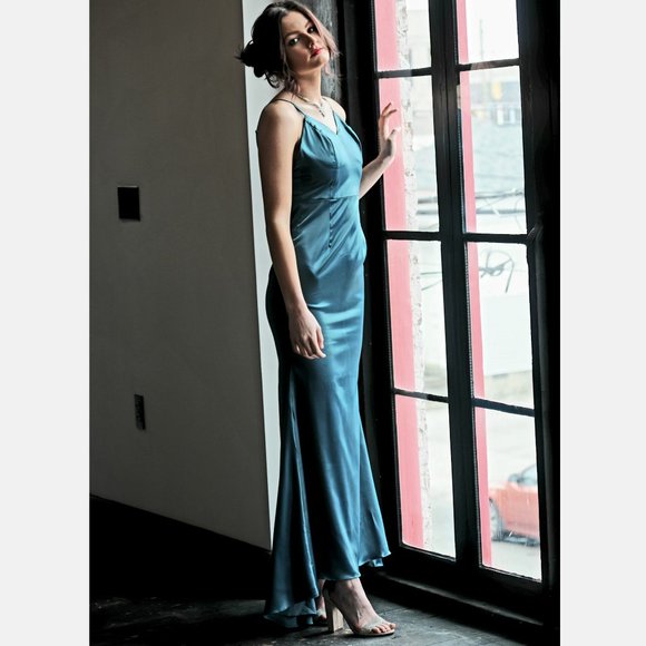 60442 Satin Gown in Merlot and Peacock color - Picture 3 of 10